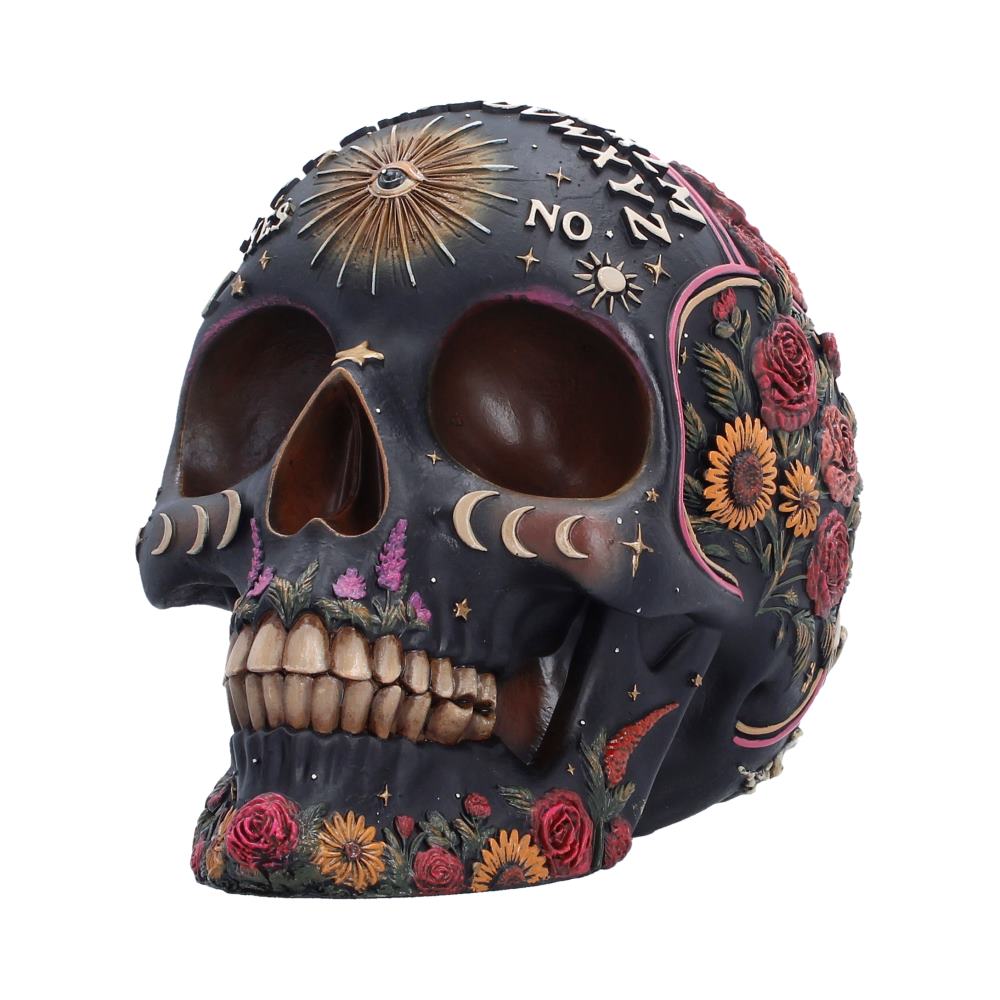 Spirit Board Bloom Skull Ornament - angled view of roses and celestial motifs
