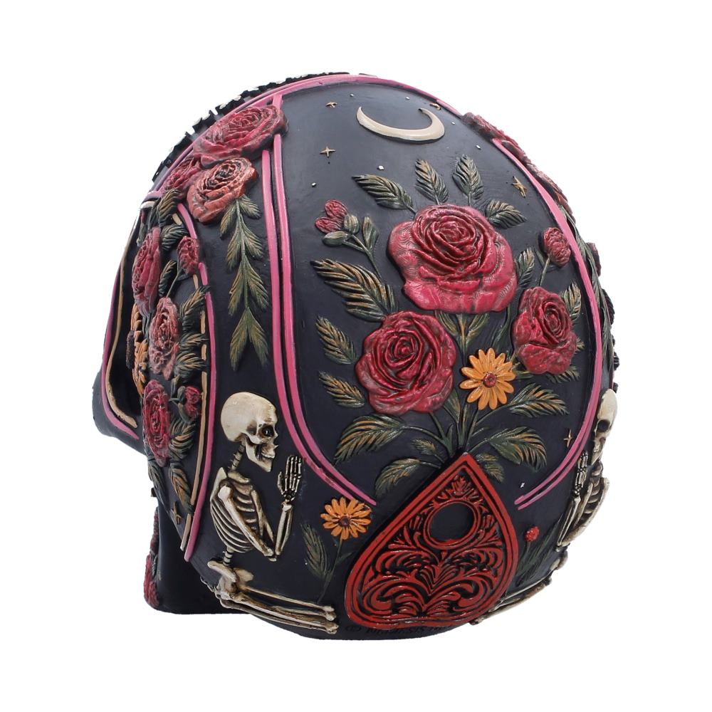 Spirit Board Bloom Skull Ornament - rear view of planchette and floral design
