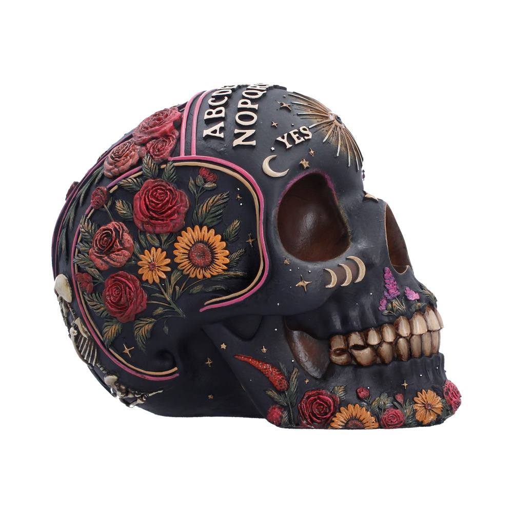 Spirit Board Bloom Skull Ornament - opposite angle of skull sockets and flowers