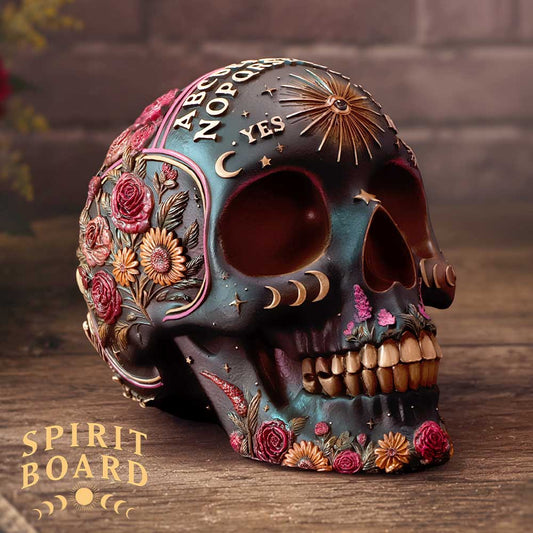 Spirit Board Bloom Skull Ornament - Bloom skull displayed beside gothic flowers