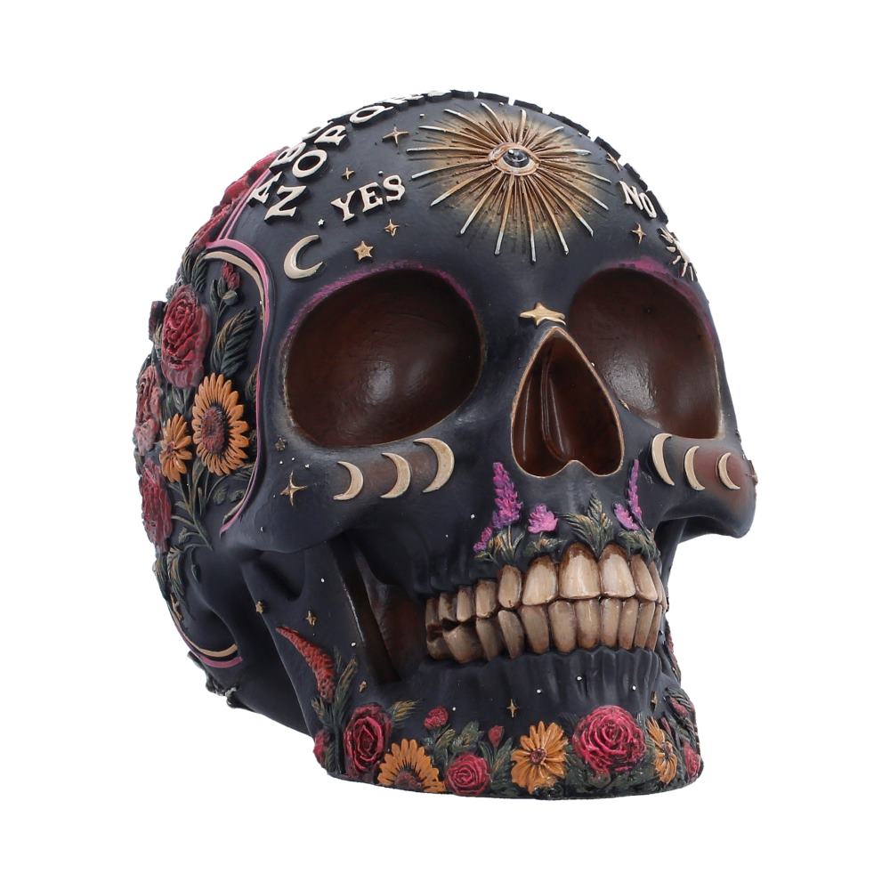 Spirit Board Bloom Skull Ornament - floral skull with spirit-board lettering