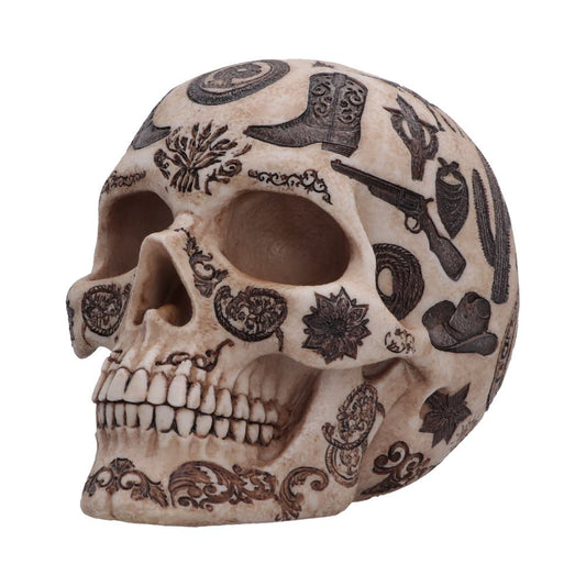 Wild West Lone Ranger Skull Ornament - angled view of frontier artwork and teeth