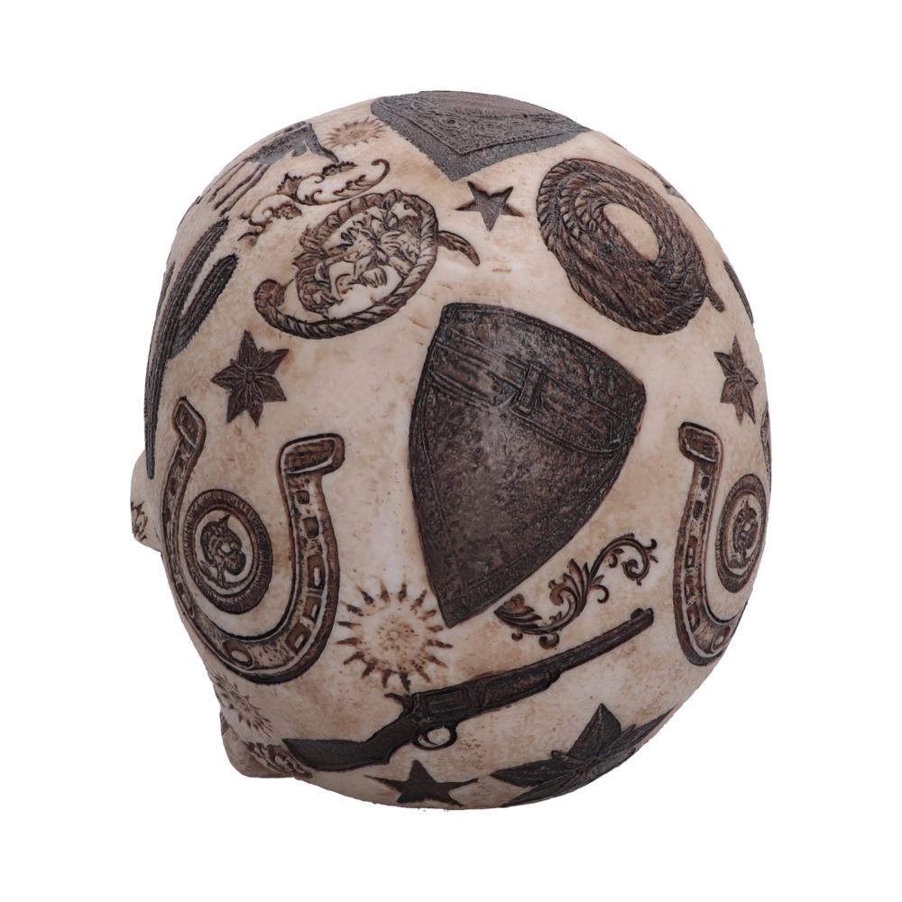 Wild West Lone Ranger Skull Ornament - rear view of hat, rifle and western patterns