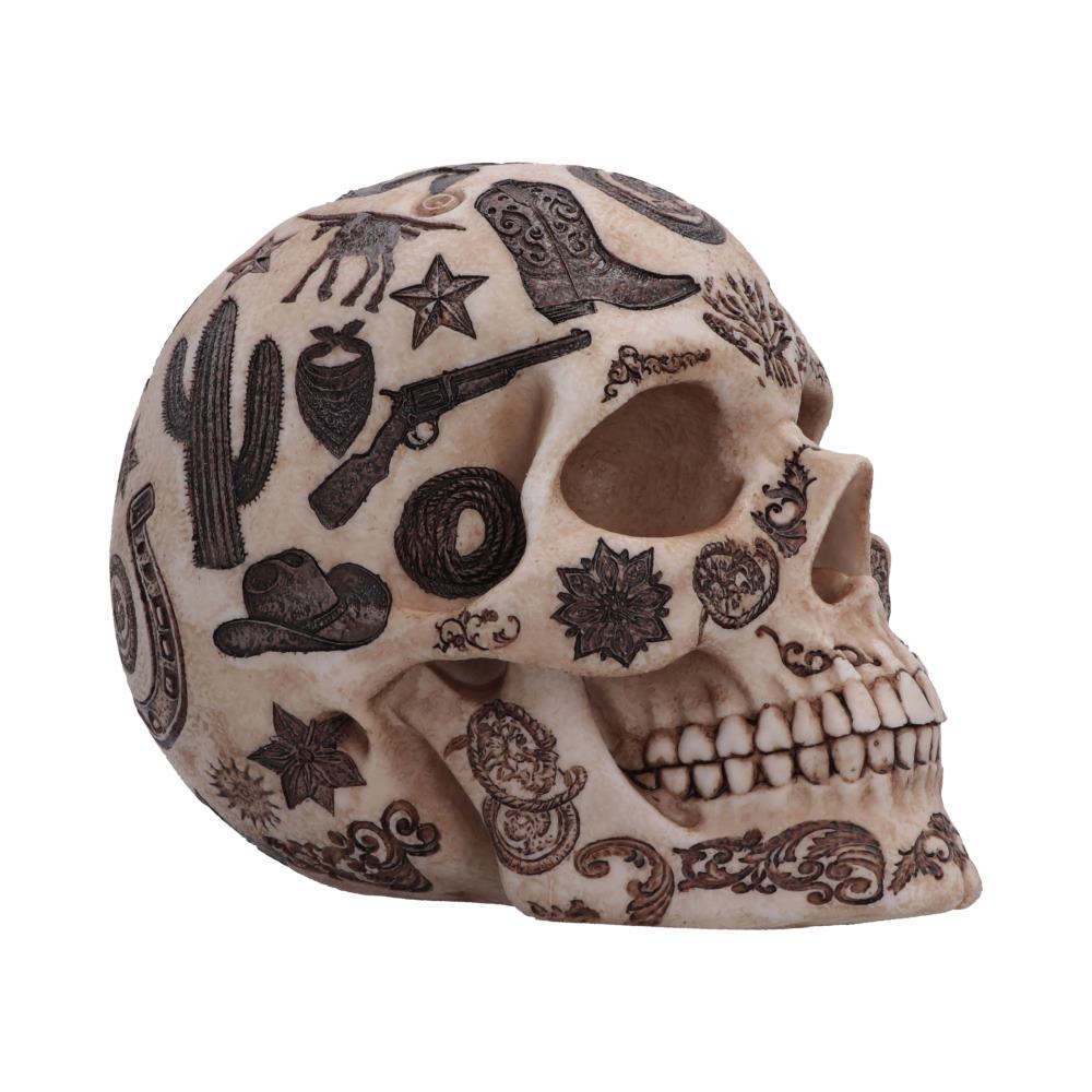 Wild West Lone Ranger Skull Ornament - opposite angle of bone-like skull and symbols