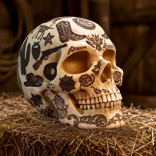 Wild West Lone Ranger Skull Ornament - western skull displayed on straw