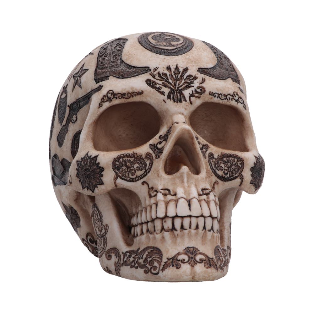 Wild West Lone Ranger Skull Ornament - pale skull with cowboy and cactus motifs