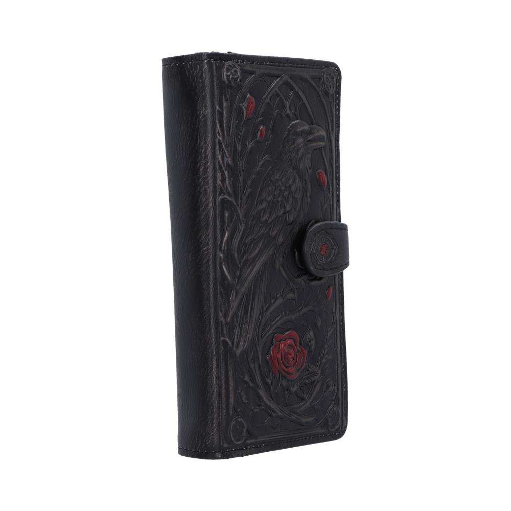 Twilight Bloom Embossed Raven Purse - opposite angle of raised feather and rose artwork
