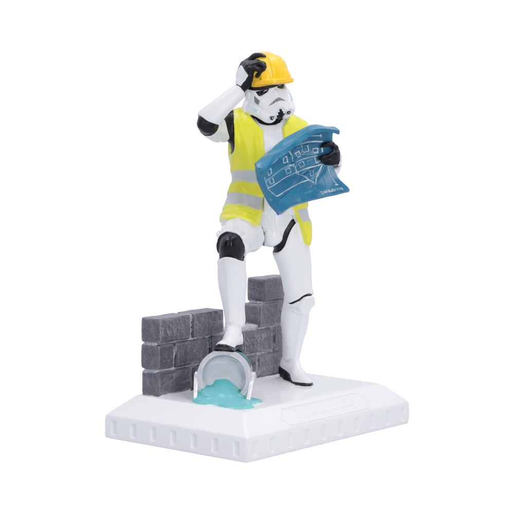Original Stormtrooper Hit a Brick Wall Figurine - opposite angle of puzzled builder and blueprints