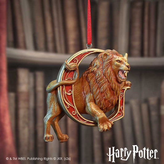 Harry Potter Gryffindor Hanging Ornament - Red-ribbon lion ornament hanging before bookshelves