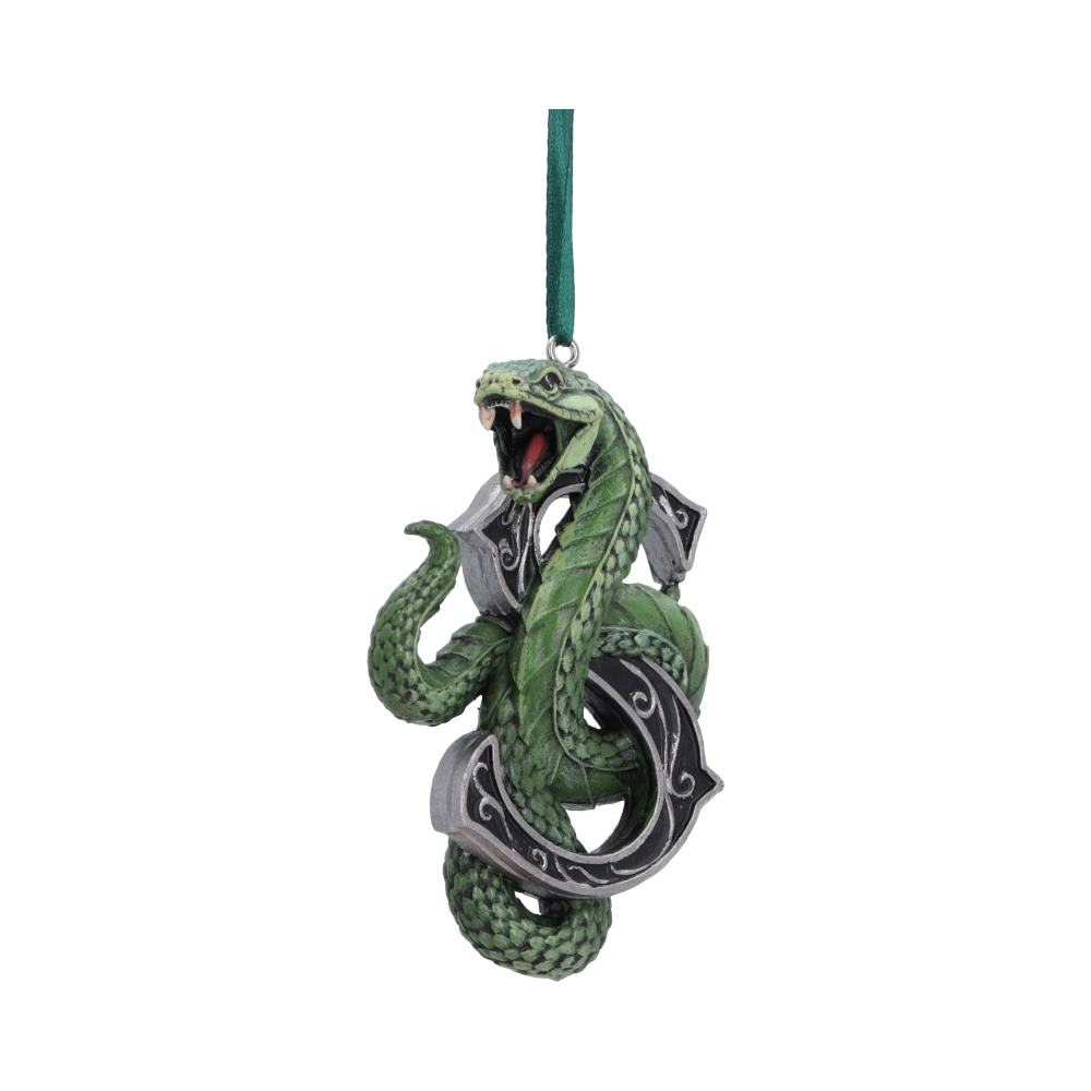 Harry Potter Slytherin Hanging Ornament - Side view of winding green snake and hanging ribbon
