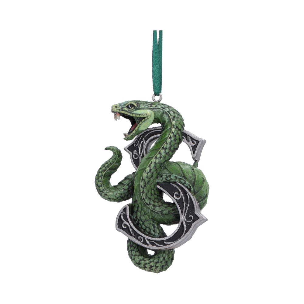 Harry Potter Slytherin Hanging Ornament - Front view of green serpent curled around silver-edged initial