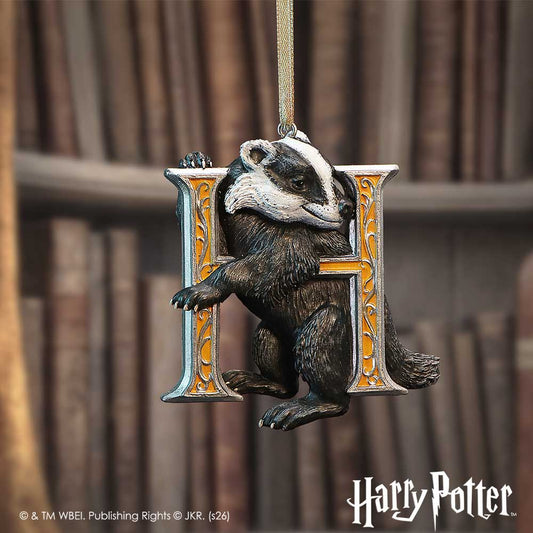 Harry Potter Hufflepuff Hanging Ornament - Badger house ornament hanging before a bookshelf