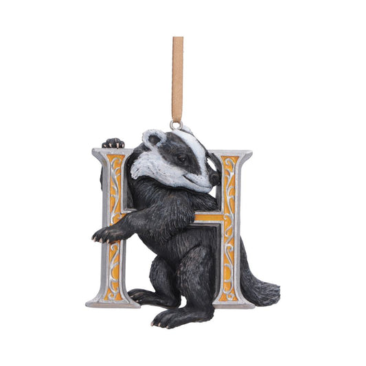 Harry Potter Hufflepuff Hanging Ornament - Front view of black and white badger against yellow initial