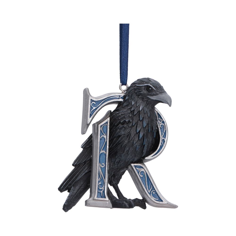 Harry Potter Ravenclaw Hanging Ornament - Front view of dark bird on blue and silver initial