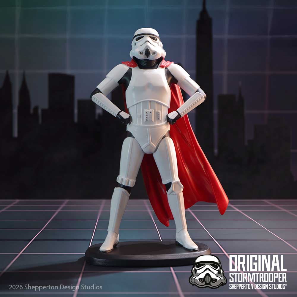 Original Stormtrooper Super Trooper Figurine - Caped trooper displayed against a dark geometric background