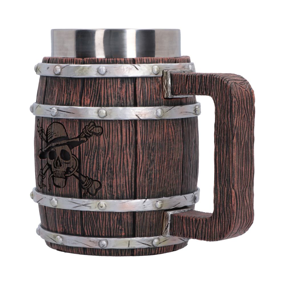 One Piece Barrel Tankard - Angled view of sculpted barrel handle and silver bands