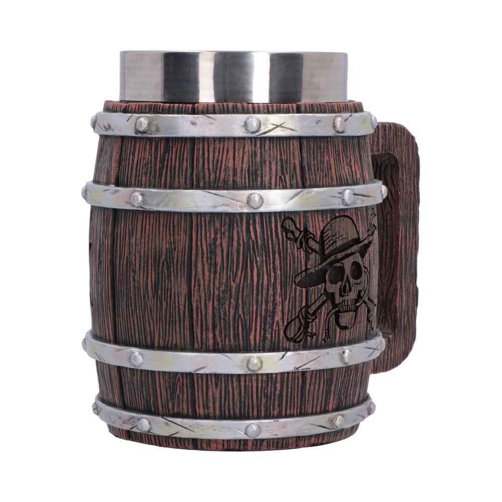 One Piece Barrel Tankard - Side view of barrel panels and Jolly Roger engraving