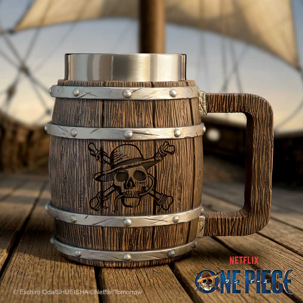 One Piece Barrel Tankard - Pirate barrel tankard on a wooden tabletop