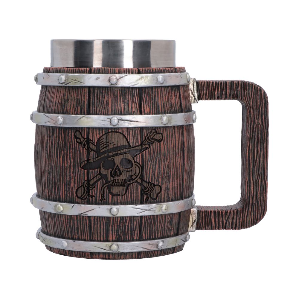 One Piece Barrel Tankard - Front view of wood-effect barrel with pirate skull emblem