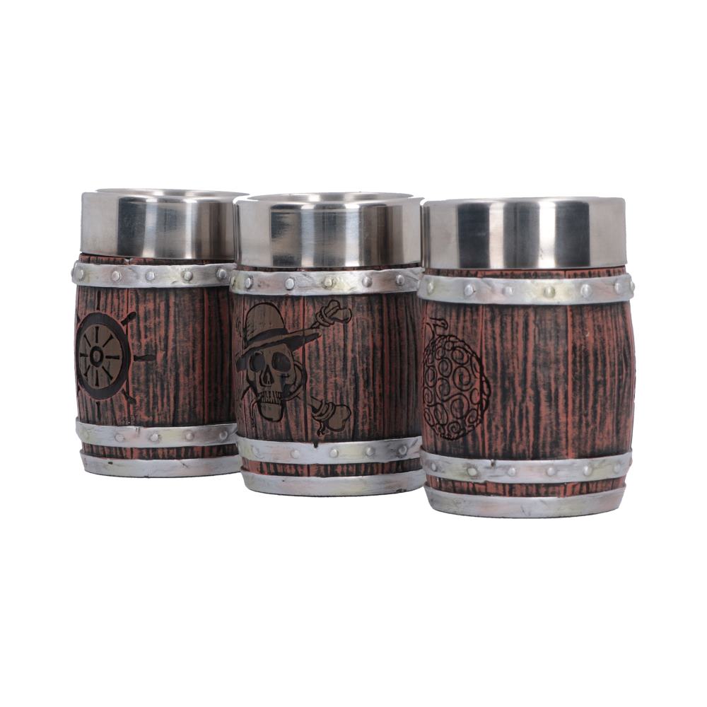 One Piece Barrel Shot Glass Set - Angled view of three wood-effect glasses and metal rims