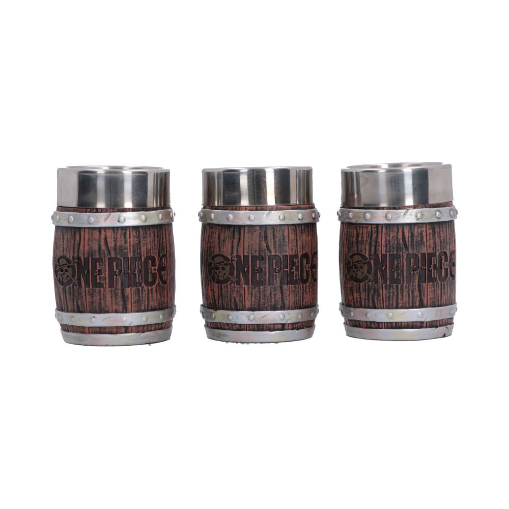 One Piece Barrel Shot Glass Set - Rear view of three glasses with One Piece lettering