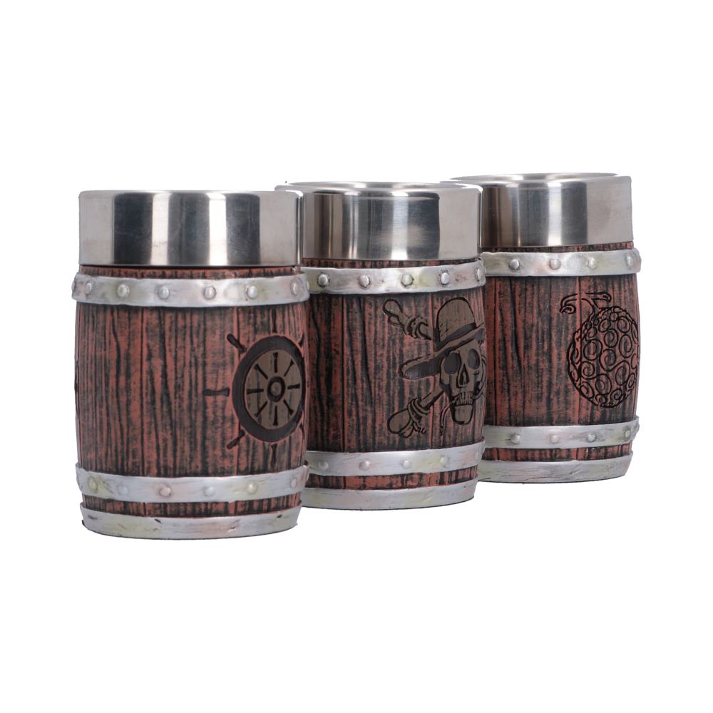 One Piece Barrel Shot Glass Set - Side view of barrel bands and individual emblems