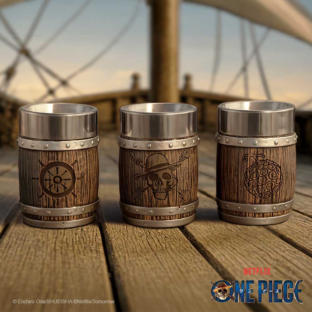 One Piece Barrel Shot Glass Set - Three miniature barrel glasses displayed on wooden planks