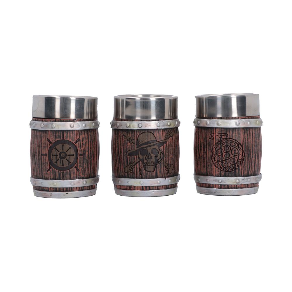 One Piece Barrel Shot Glass Set - Front view of three barrel glasses with different pirate symbols