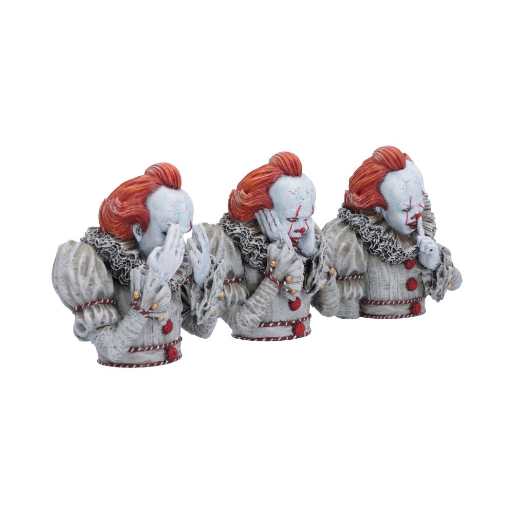 IT Three Wise Pennywise Figurines - Side view of three wise gestures and ruffled collars