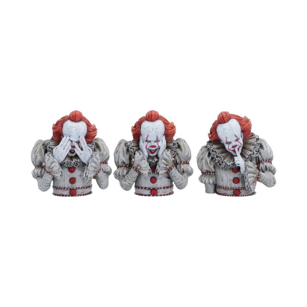 IT Three Wise Pennywise Figurines - Front view of three clown busts covering eyes ears and mouth