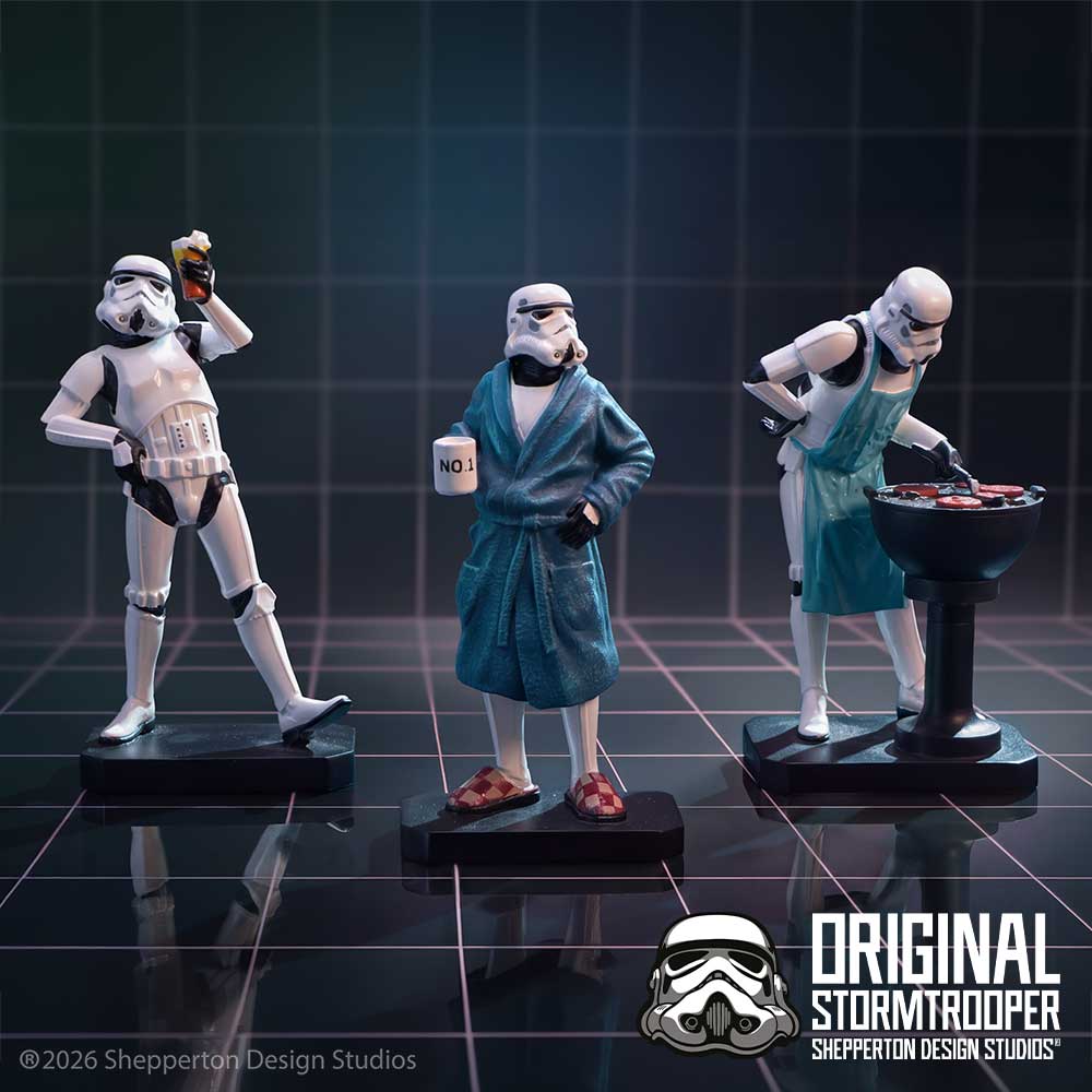 Stormtrooper Living for the Weekend Figurines - Weekend trooper trio displayed against a dark geometric wall