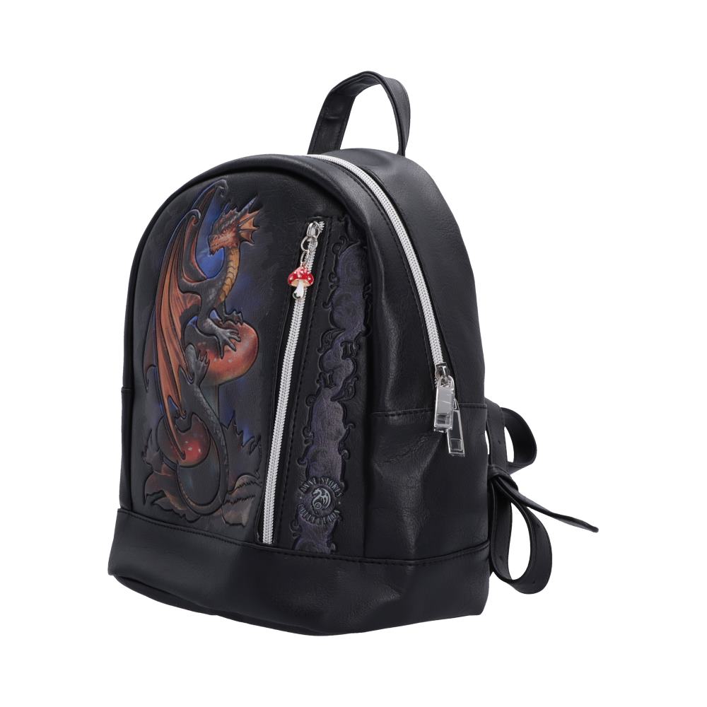Anne Stokes Mushroom Dragon Backpack - Angled view of fantasy panel and zipped front section