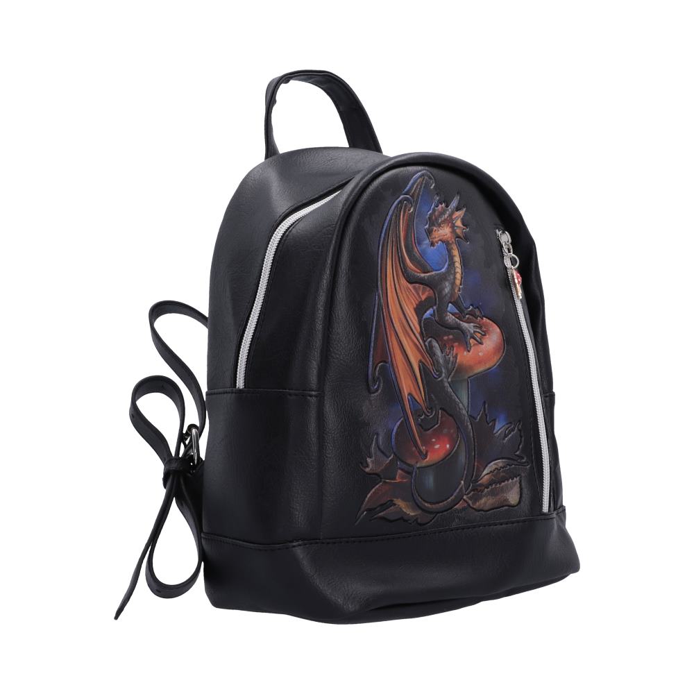 Anne Stokes Mushroom Dragon Backpack - Side view of backpack shape and silver-coloured zips