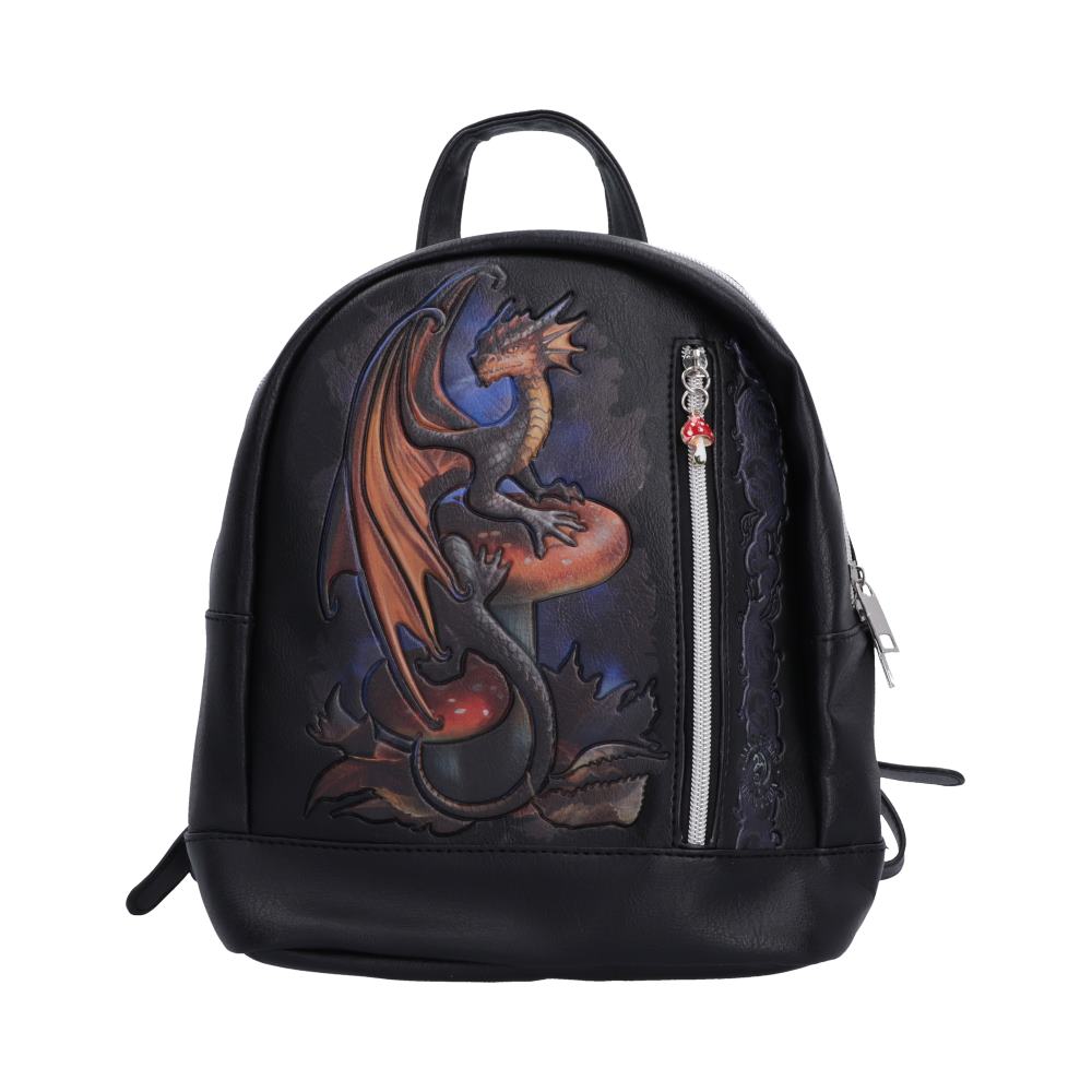 Anne Stokes Mushroom Dragon Backpack - Front view of embossed orange-winged dragon and red mushrooms