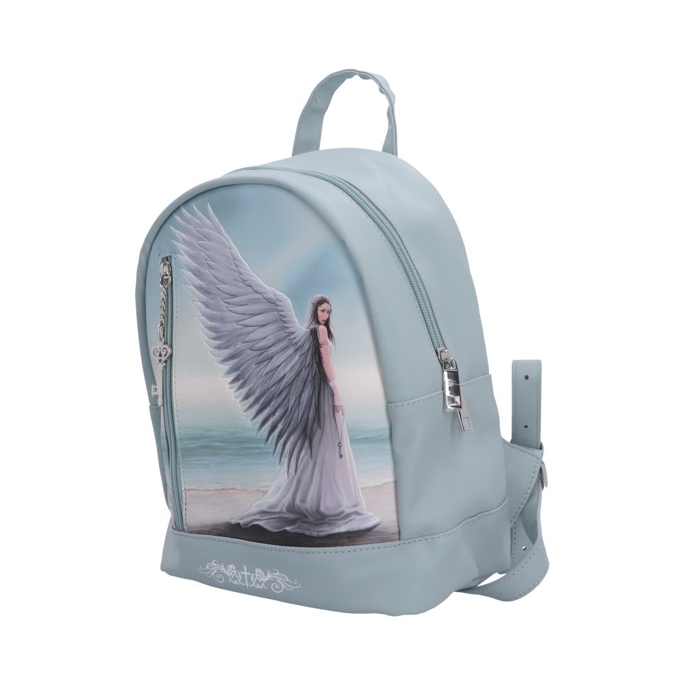 Anne Stokes Spirit Guide Backpack - Angled view of feathered wings and key-shaped zip charm