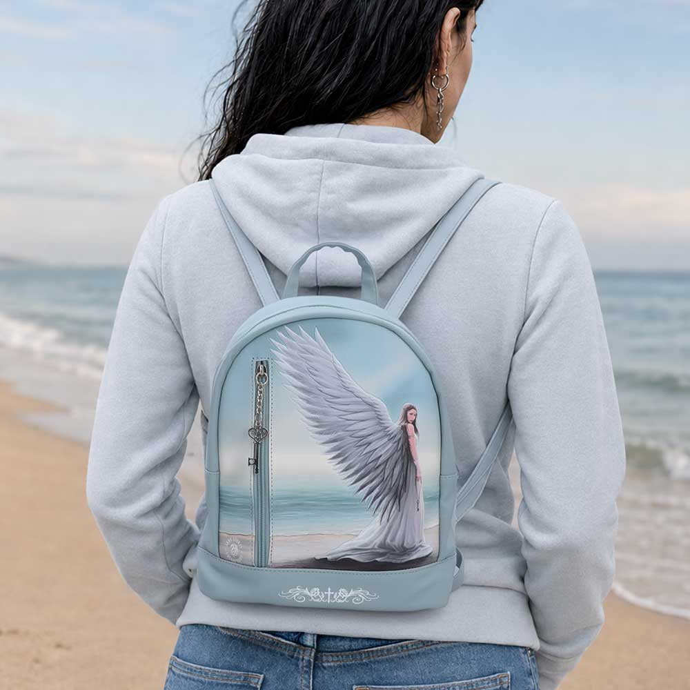 Anne Stokes Spirit Guide Backpack - Spirit Guide angel backpack worn with a pale hoodie