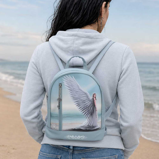 Anne Stokes Spirit Guide Backpack - Spirit Guide angel backpack worn with a pale hoodie
