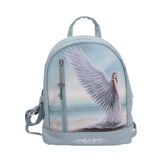 Anne Stokes Spirit Guide Backpack - Front view of angel beach artwork on pale blue backpack