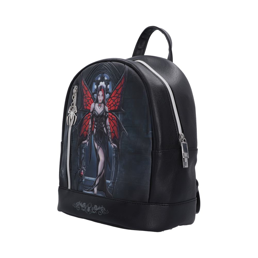 Anne Stokes Aracnafaria Backpack - Angled view of gothic artwork and spider zip charm