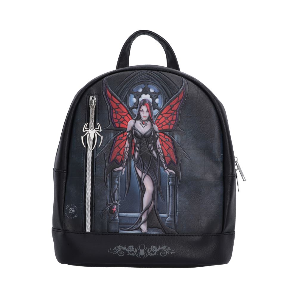 Anne Stokes Aracnafaria Backpack - Front view of red spider-winged fairy on black backpack