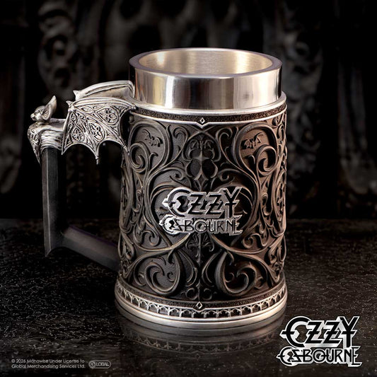 Ozzy Osbourne Prince of Darkness Tankard - Black and silver Ozzy tankard on a dark tabletop