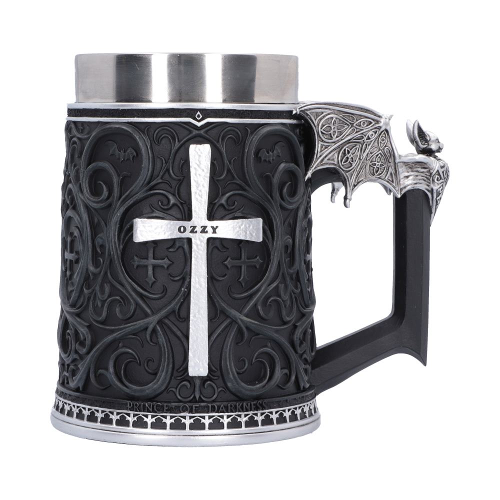 Ozzy Osbourne Prince of Darkness Tankard - Front view of silver cross on black patterned tankard