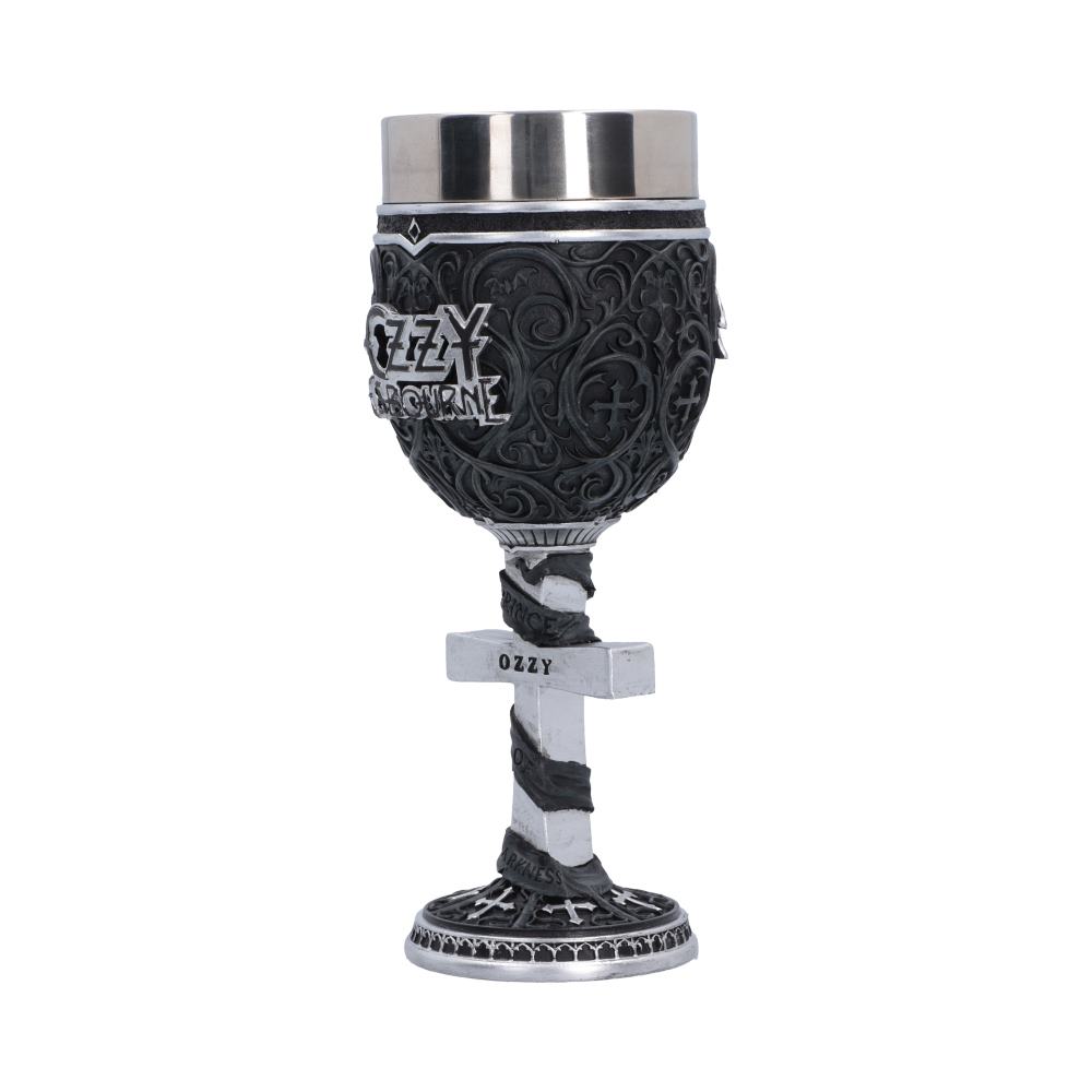 Ozzy Osbourne Prince of Darkness Goblet - Angled view of gothic scrollwork and silver cross