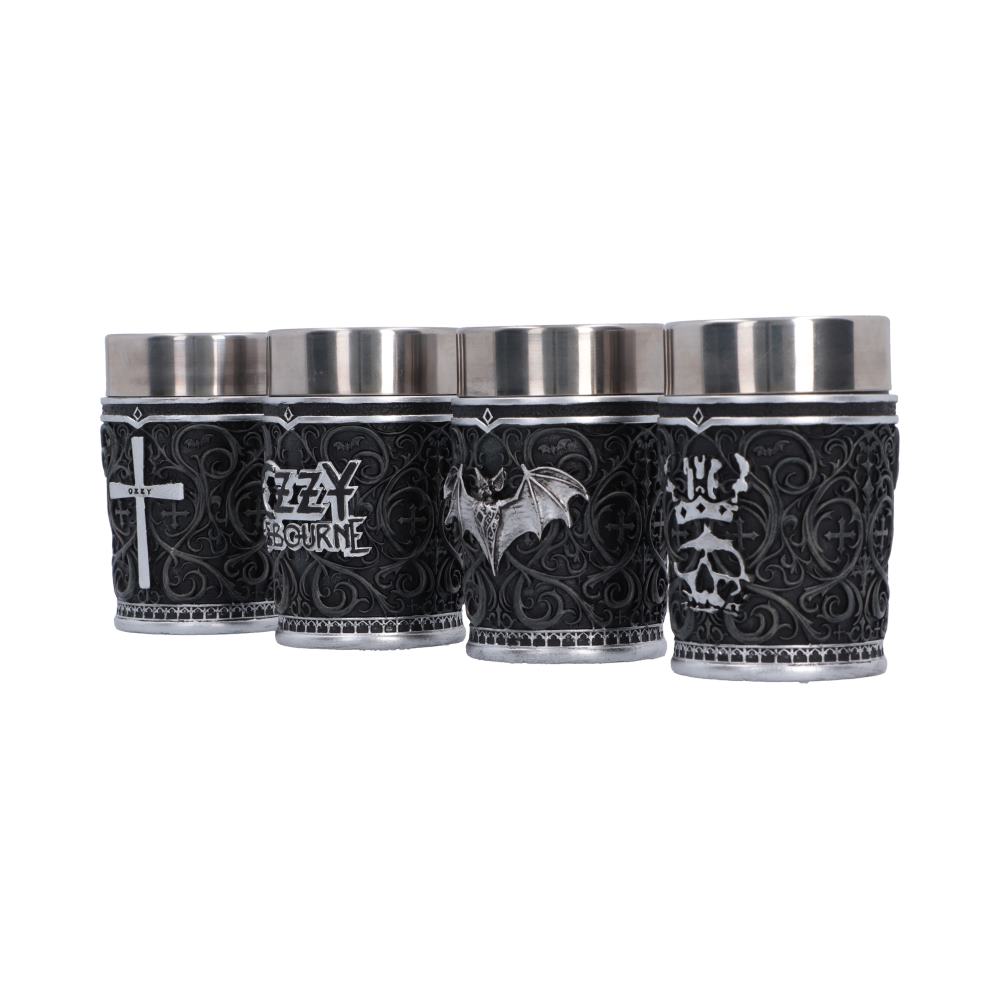 Ozzy Osbourne Prince of Darkness Shot Glass Set - Angled view of four patterned glasses and metal rims