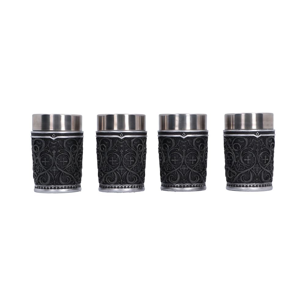 Ozzy Osbourne Prince of Darkness Shot Glass Set - Rear view of matching gothic scrollwork on the set