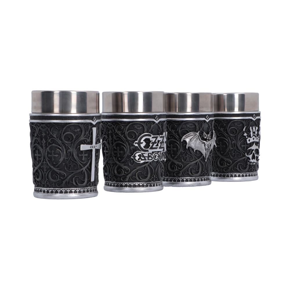 Ozzy Osbourne Prince of Darkness Shot Glass Set - Side view of individual Ozzy symbols and silver details