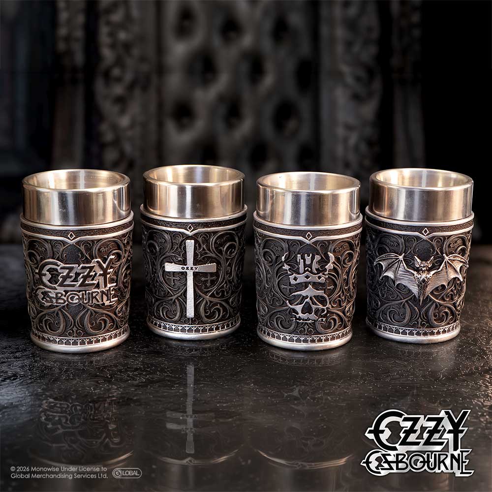 Ozzy Osbourne Prince of Darkness Shot Glass Set - Four black and silver Ozzy glasses on a dark surface