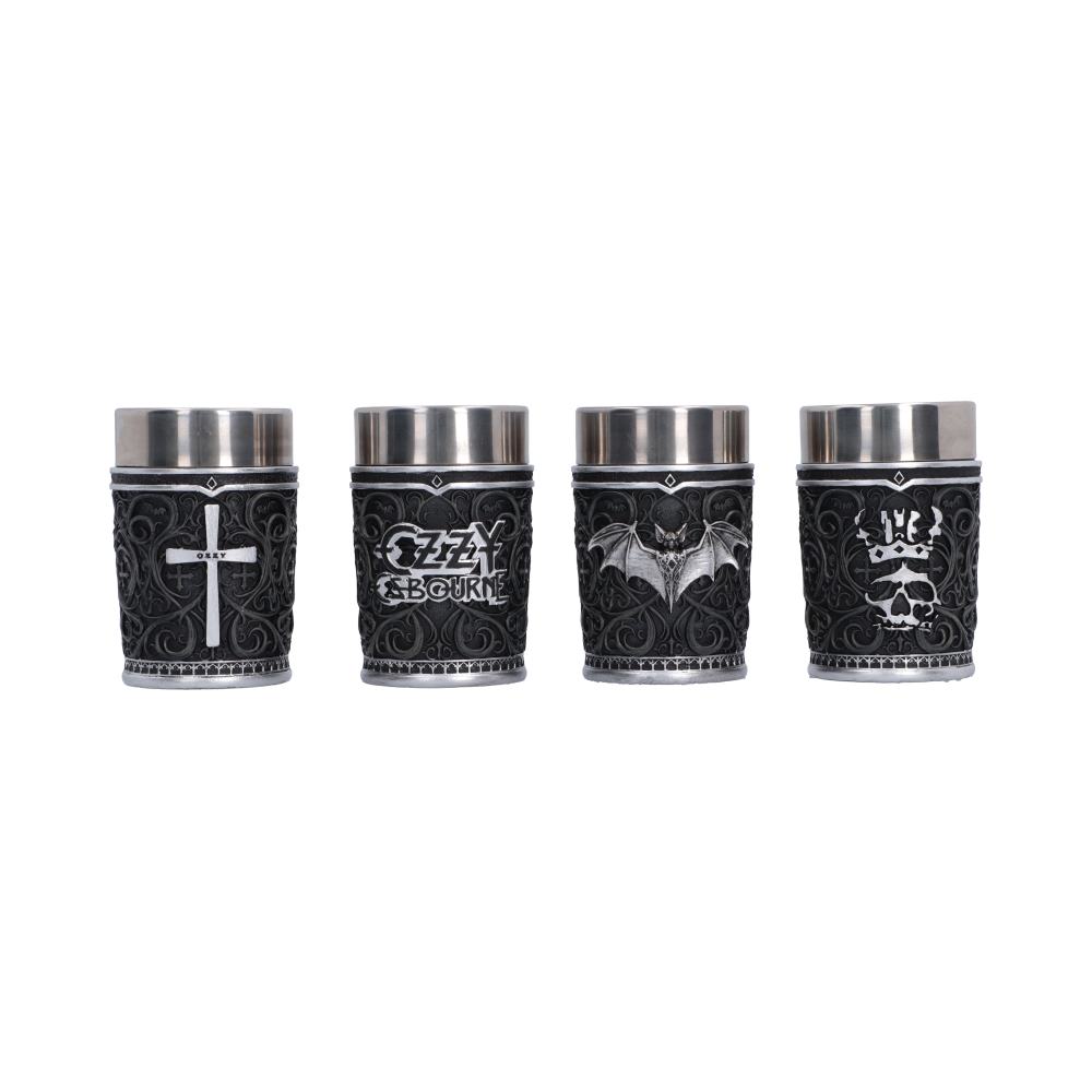 Ozzy Osbourne Prince of Darkness Shot Glass Set - Front view of four shot glasses with cross logo bat and skull