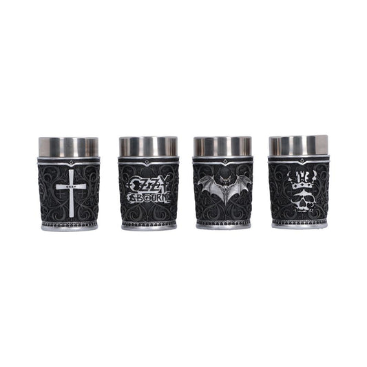Ozzy Osbourne Prince of Darkness Shot Glass Set - Front view of four shot glasses with cross logo bat and skull