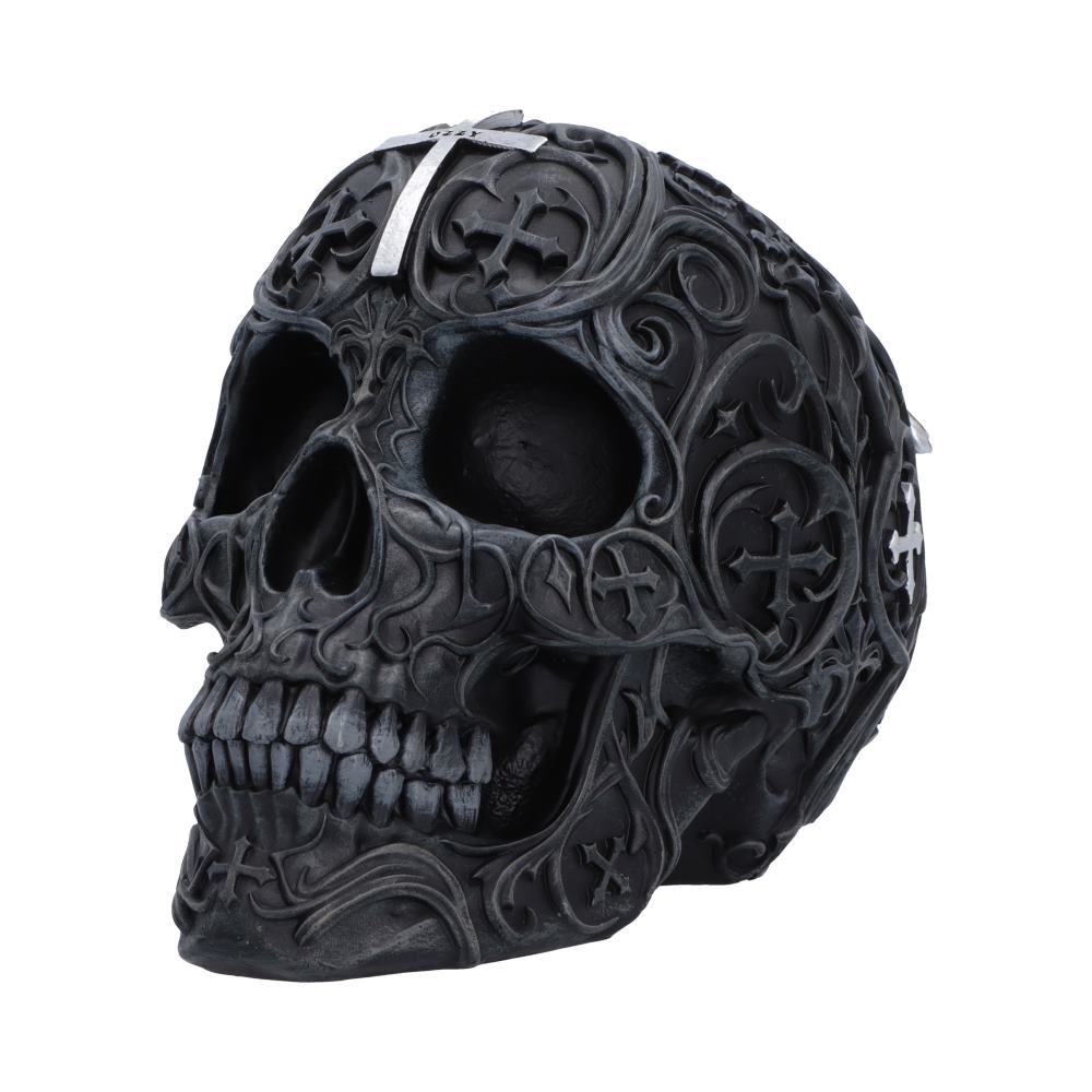 Ozzy Osbourne Prince of Darkness Skull - Angled view of eye sockets teeth and raised scrollwork
